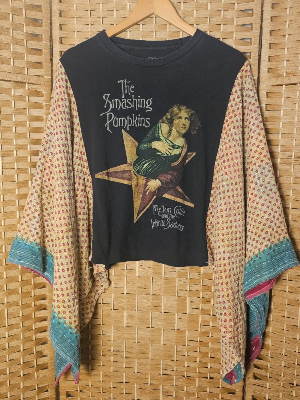 The Smashing Pumpkins Upcycled Band Shirt Cropped Kantha Poncho Top OS